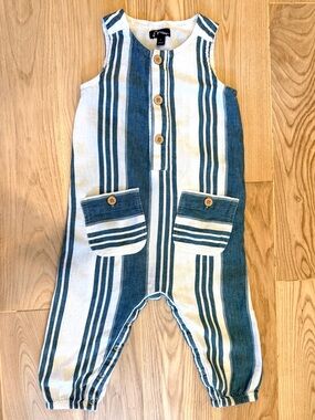 art class Blue and White Striped Sleeveless Romper